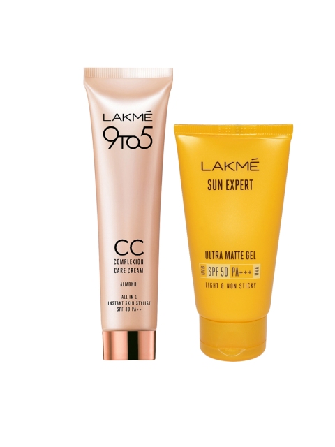 

Lakme Set of 9to5 Almond CC Cream & Sun Expert Ultra Matte SPF 50 Gel Sunscreen, Yellow