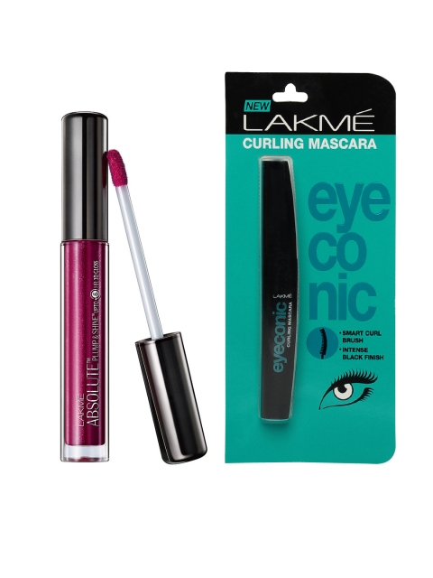 

Lakme Set of Lip Gloss Plumshine 3 ml& Eyeconic Curling Mascara - Black 9 ml, Mauve