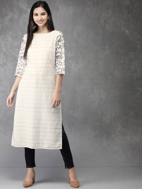 

Anouk Women Off-White Woven Design Straight Kurta