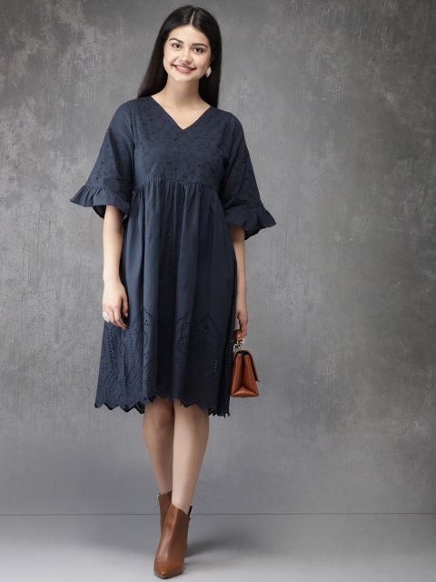 

Anouk Women Navy Blue Woven Design A-Line Fusion Kurta