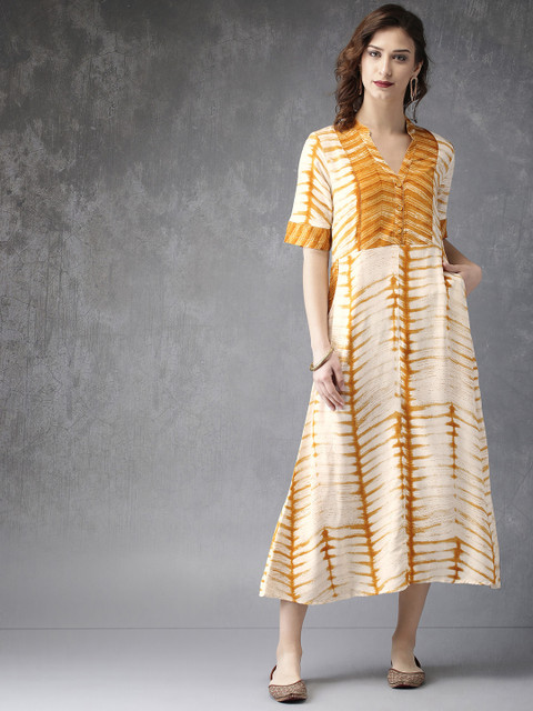 

Anouk Women Off-White & Mustard Yellow Printed A-Line Kurta
