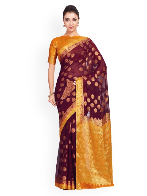 

MIMOSA Maroon & Orange Poly Chiffon Embellished Kanjeevaram Saree