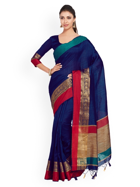 

MIMOSA Navy Blue & Red Raw Silk Woven Design Kanjeevaram Saree