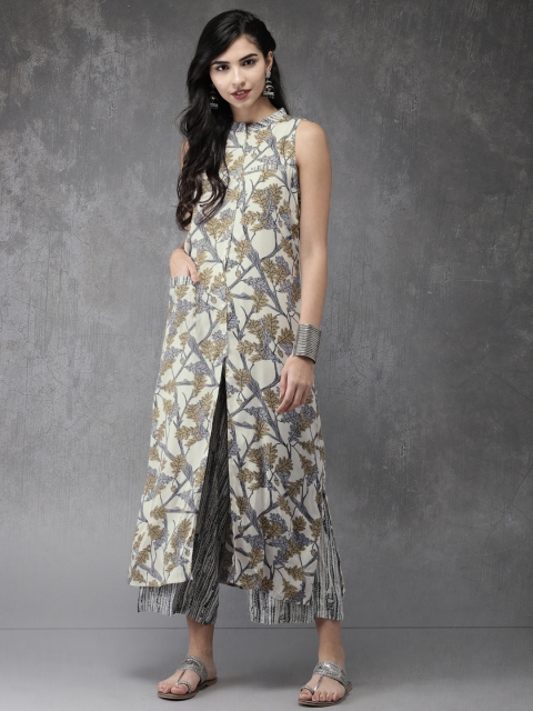

Anouk Women Off-White & Grey Printed High-Slit Kurta with Palazzos