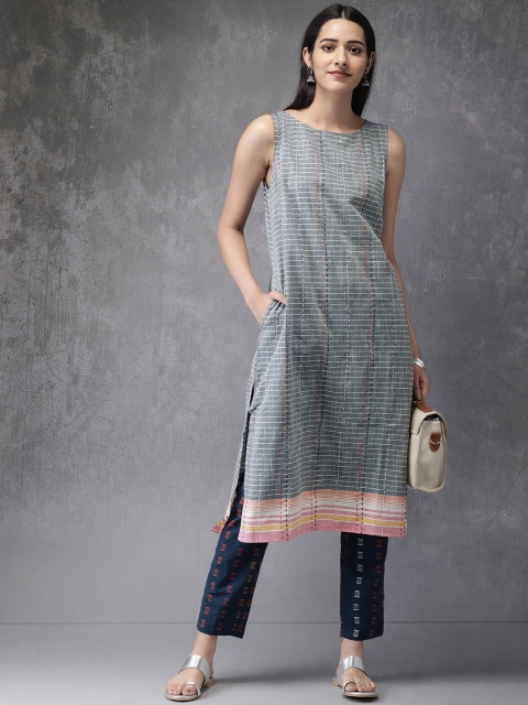 

Anouk Women Blue & White Striped Kurta with Trousers