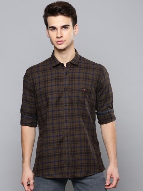 

Louis Philippe Jeans Men Olive Green & Navy Blue Slim Fit Checked Casual Shirt