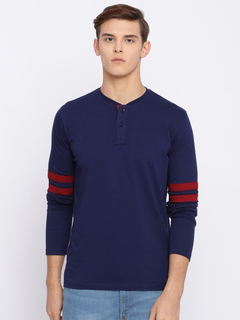 

Basics Men Blue Solid Henley Neck T-shirt