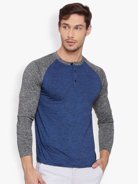 

Basics Men Blue & Grey Solid Henley Neck T-shirt