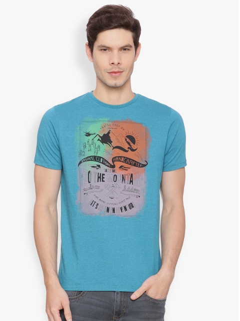 

Basics Men Blue Printed Round Neck T-shirt
