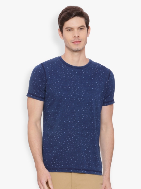 

Basics Men Blue Printed Round Neck T-shirt