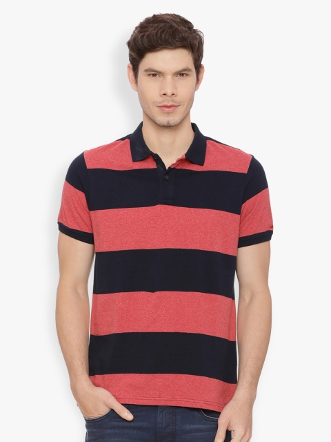 

Basics Men Red & Navy Blue Striped Polo Collar T-shirt