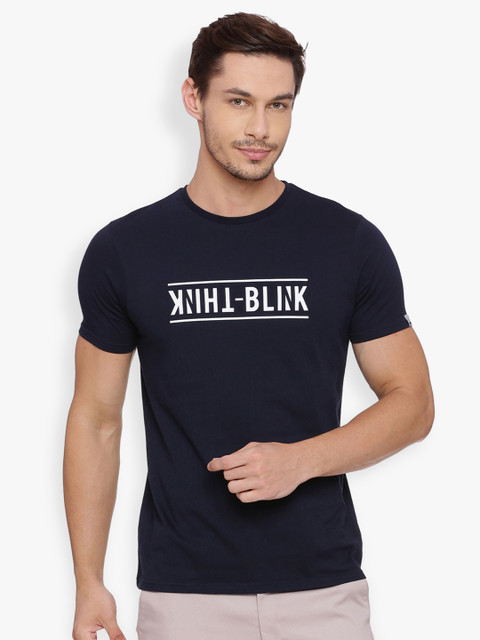 

Basics Men Navy Blue Printed Round Neck T-shirt