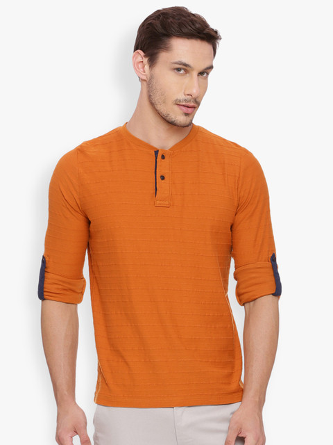 

Basics Men Mustard Brown Solid Henley Neck T-shirt