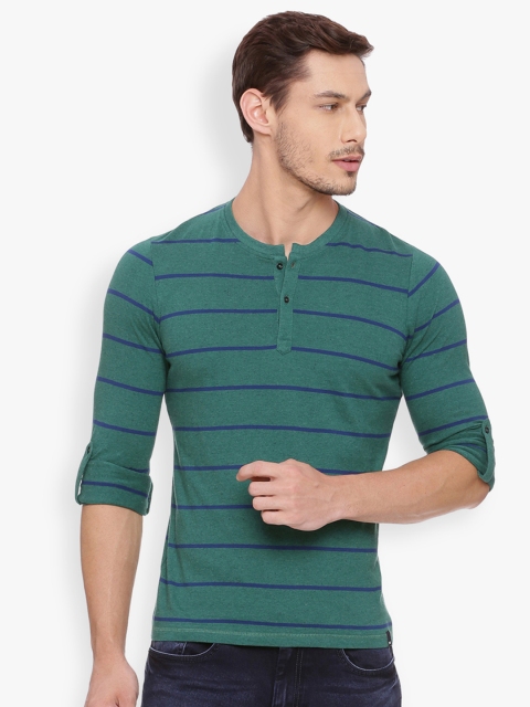 

Basics Men Green Striped Henley Neck T-shirt