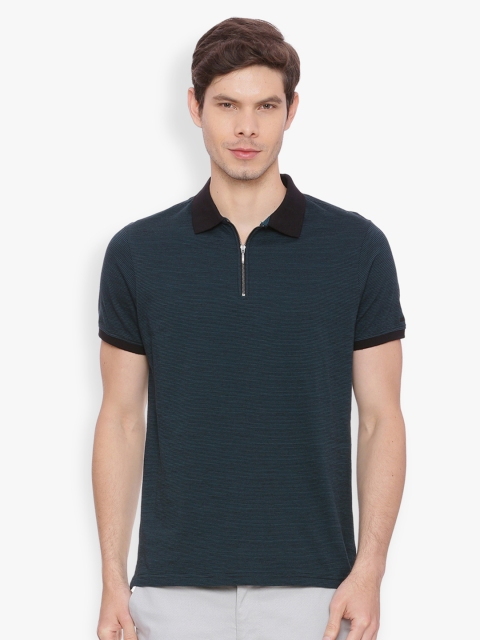 

Basics Men Green Striped Polo Collar T-shirt