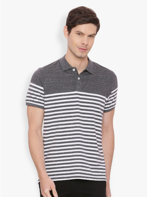 

Basics Men Grey & White Striped Polo Collar T-shirt