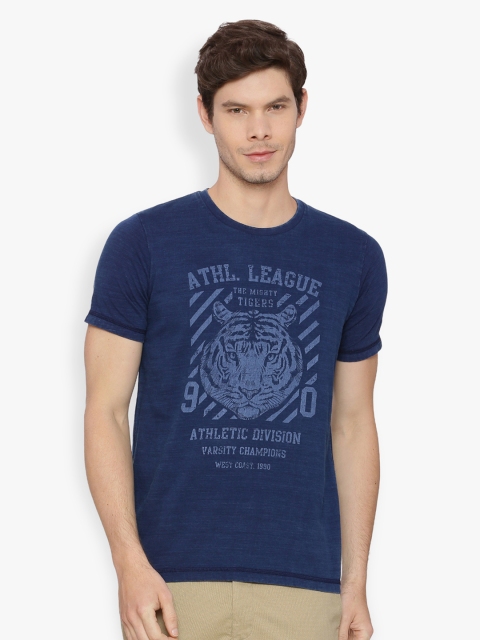

Basics Men Blue Printed Round Neck T-shirt