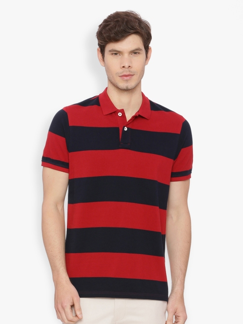 

Basics Men Red & Navy Blue Striped Polo Collar T-shirt