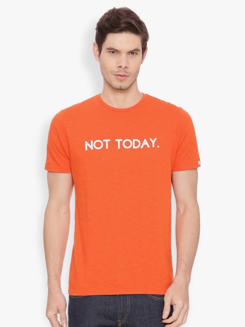 

Basics Men Orange Printed Round Neck T-shirt