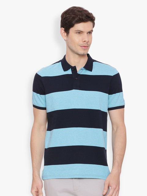 

Basics Men Blue Striped Polo Collar T-shirt