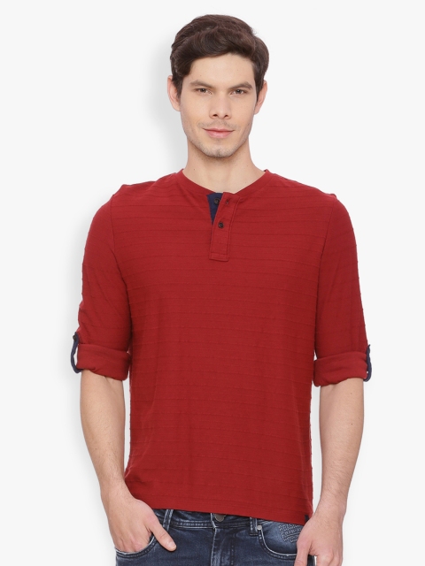 

Basics Men Red Solid Henley Neck T-shirt