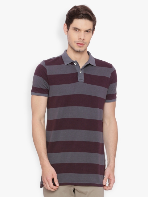 

Basics Men Grey Striped Polo Collar T-shirt