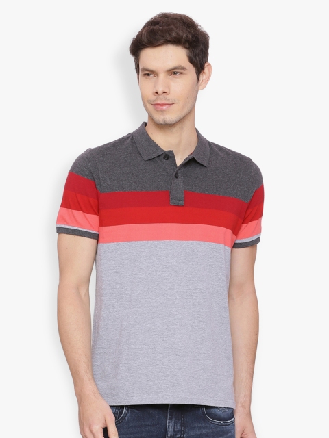 

Basics Men Grey & Maroon Striped Polo Collar Slim Fit T-shirt