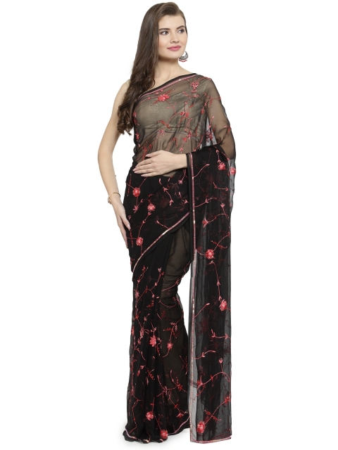 

Geroo Jaipur Black Embroidered Pure Chiffon Saree