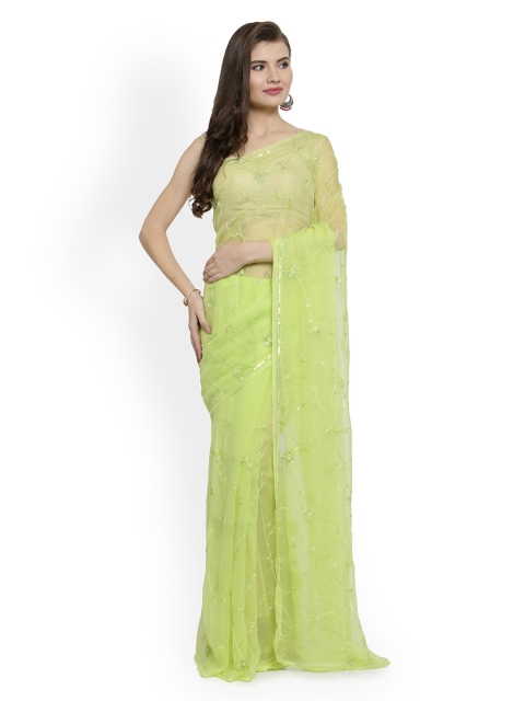 

Geroo Jaipur Lime Green Embroidered Pure Chiffon Saree