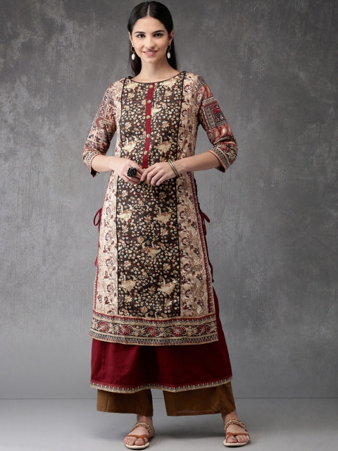 

Anouk Women Beige & Olive Green Kalamkari Printed Kurta with Palazzos