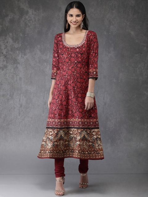 

Anouk Women Red & Beige Kalamkari Printed Kurta with Churidar