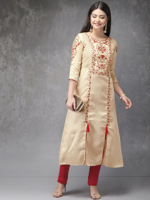 

Anouk Women Beige & Red Embroidered Kurta with Churidar