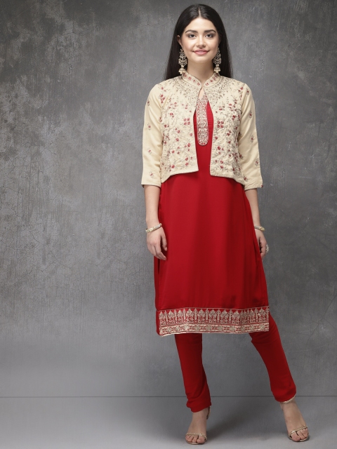 

Anouk Women Red & Cream-Coloured Embroidered Kurta with Churidar