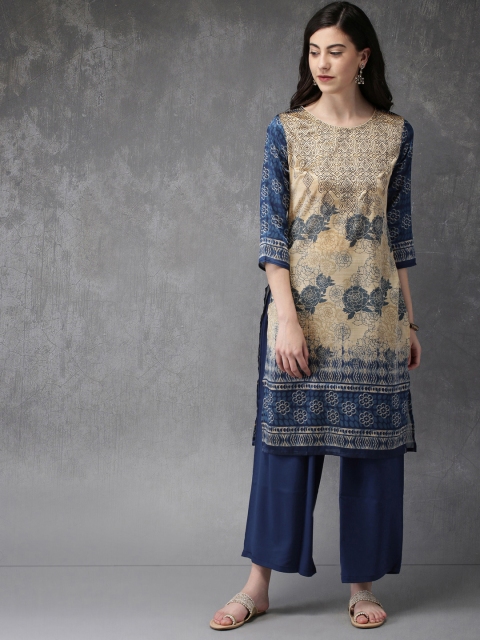 

Anouk Women Beige & Navy Blue Printed Kurta with Palazzos