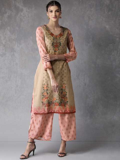 

Anouk Women Beige & Pink Printed Kurta with Palazzos