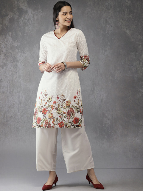 

Anouk Women White Embroidered Kurta with Palazzos