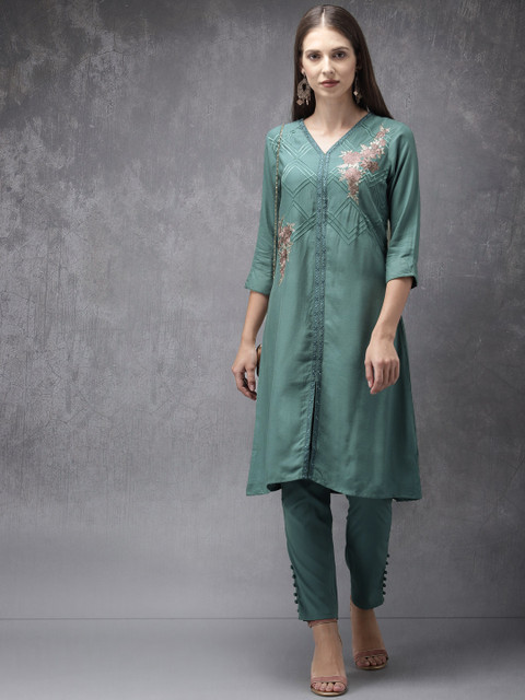 

Anouk Women Teal Green Embroidered Kurta With Trousers