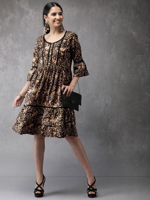 

Anouk Women Black, Beige & Rust Red Kalamkari Printed Dress