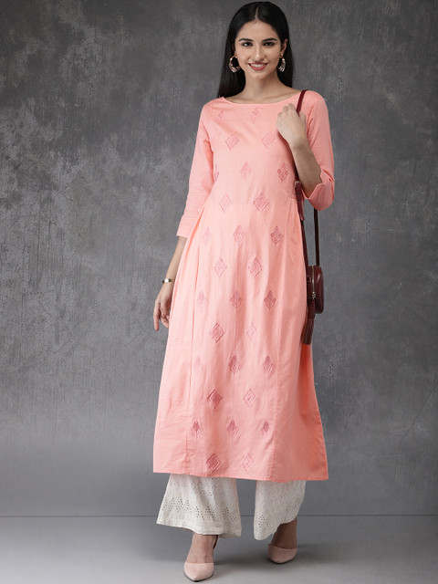 

Anouk Women Peach-Coloured Woven Design A-Line Kurta