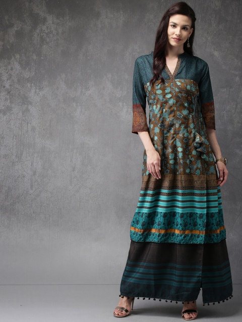 

Anouk Women Brown & Teal Green Printed A-Line Kurta