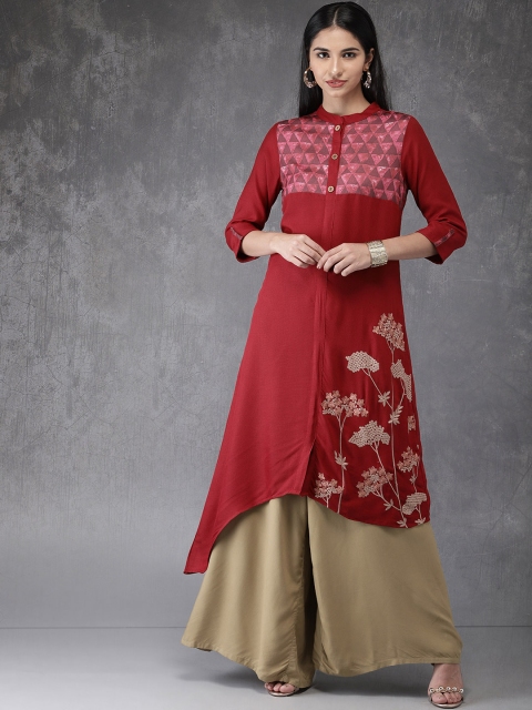 

Anouk Women Maroon Embroidered Asymmetrical Hem A-Line Kurta
