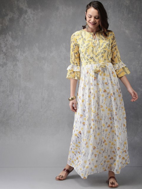 

Anouk Women Off-White & Yellow Floral Printed A-Line Kurta