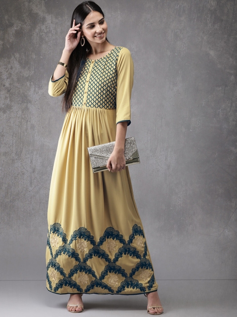 

Anouk Women Beige & Green Embroidered A-Line Kurta