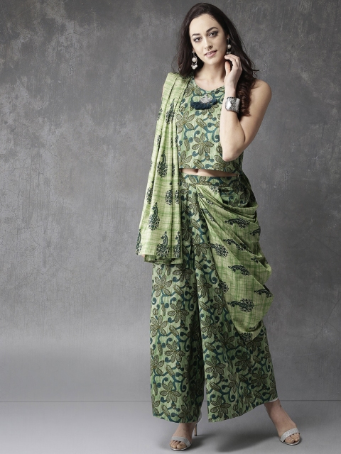 

Anouk Women Green Printed Top with Palazzos & Drape