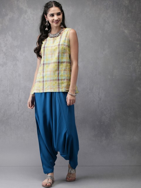 

Anouk Women Green & Blue Checked Kurti with Dhoti Pants