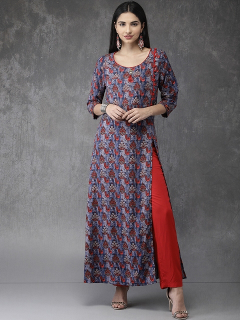 

Anouk Women Navy Blue & Red Printed Kurta With Trousers