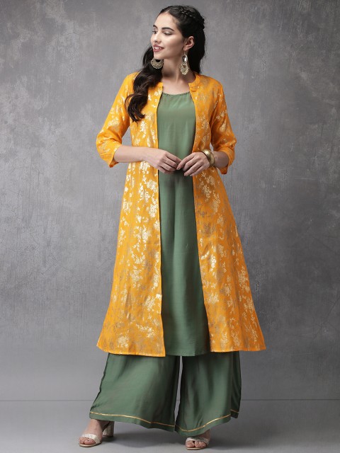 

Anouk Women Mustard Yellow & Green Solid Kurta with Palazzos & Ethnic Jacket