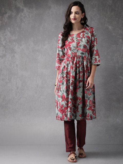 

Anouk Women Grey & Maroon Printed A-Line Kurta With Trousers