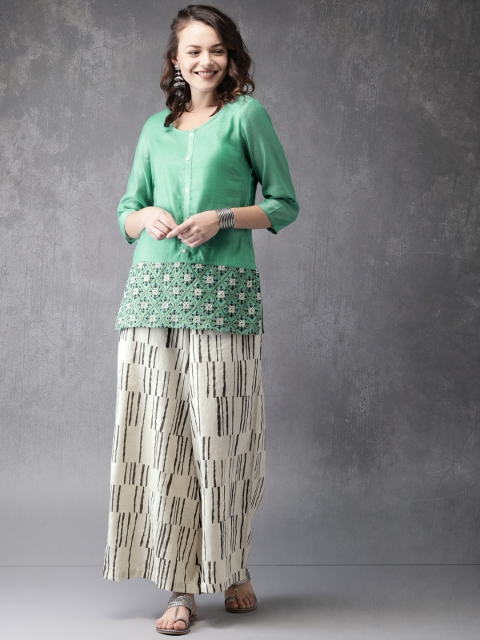 

Anouk Women Green & Off-White Embroidered Kurti with Palazzos