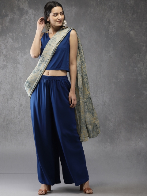 

Anouk Women Blue & Beige Solid Top with Palazzos & Dupatta